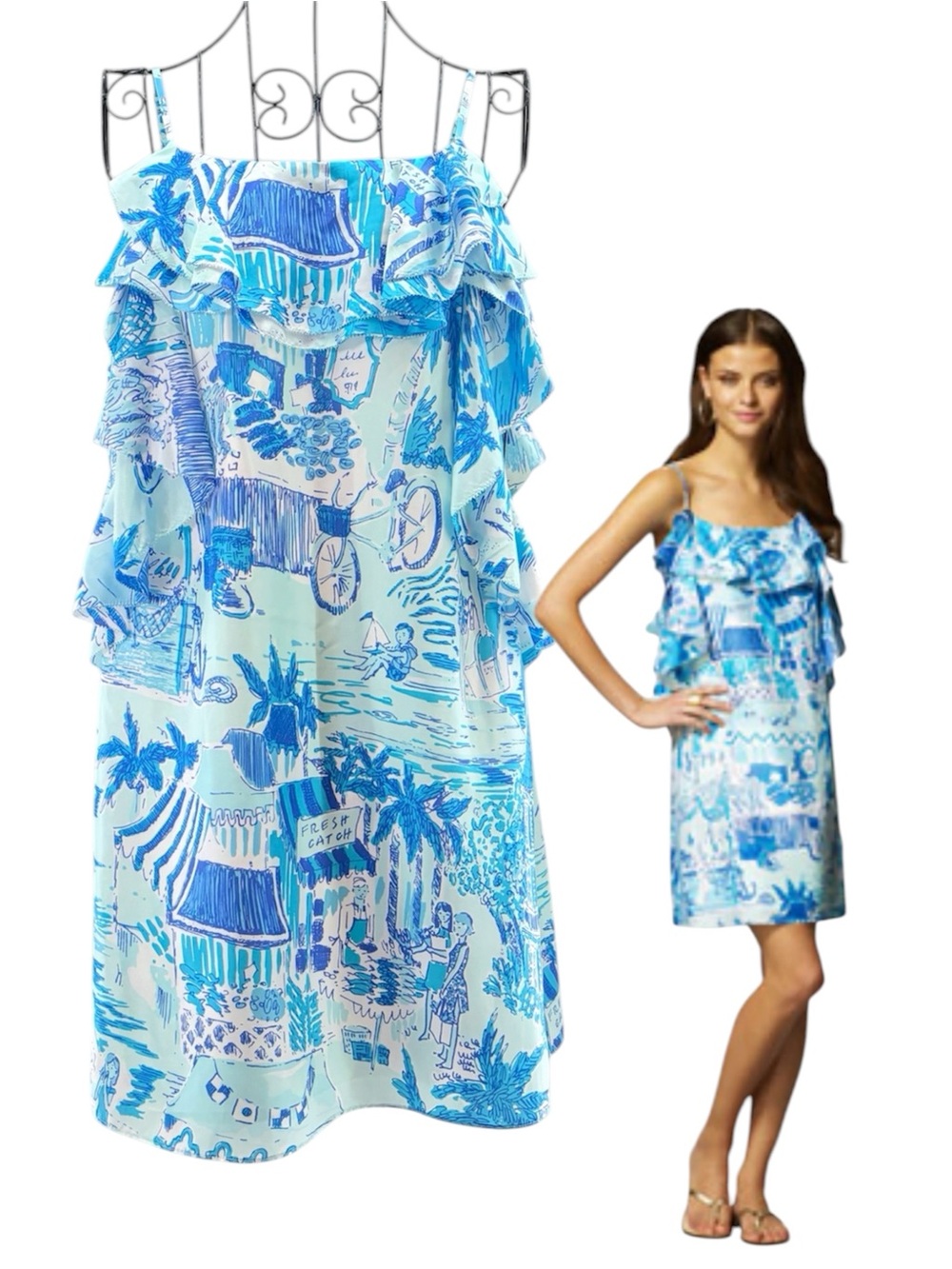 NEW Lilly Pulitzer Gretchen Aquamarine Toile Slip Silk Ruffle Mini Dress, Size 4